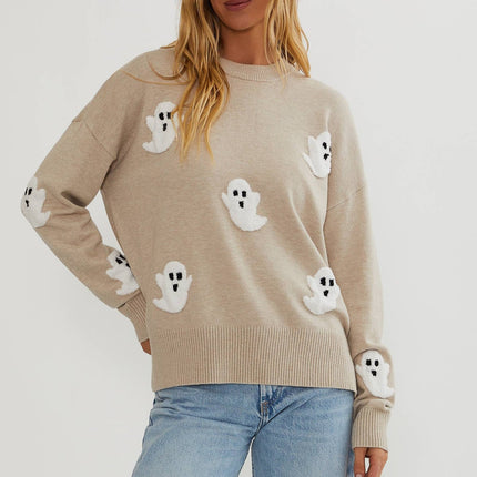 Womens Sweater with Ghost Applique, Halloween Knit Sweater, Fall Sweater for Pumpkin Patch Outfit