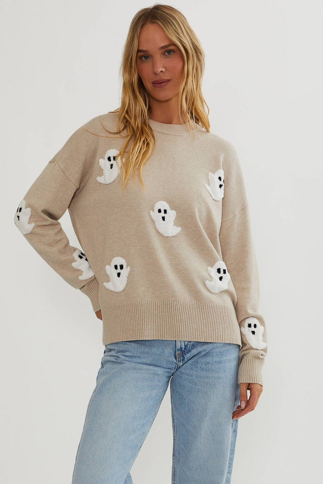 Womens Sweater with Ghost Applique, Halloween Knit Sweater, Fall Sweater for Pumpkin Patch Outfit