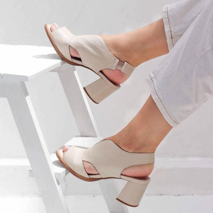Womens Sandals, Leather Sandals with Heel and Comfort Footbed, Comfortable Sandals with Adjustable Buckle