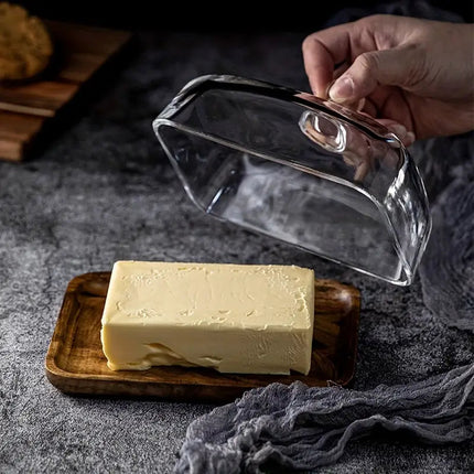 Butter Dish with Lid, Glass Butter Dish with Wooden Base