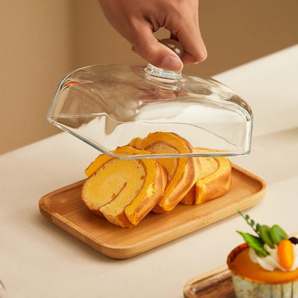 Butter Dish with Lid, Glass Butter Dish with Wooden Base, Butter Keeper for Countertop and Cheese